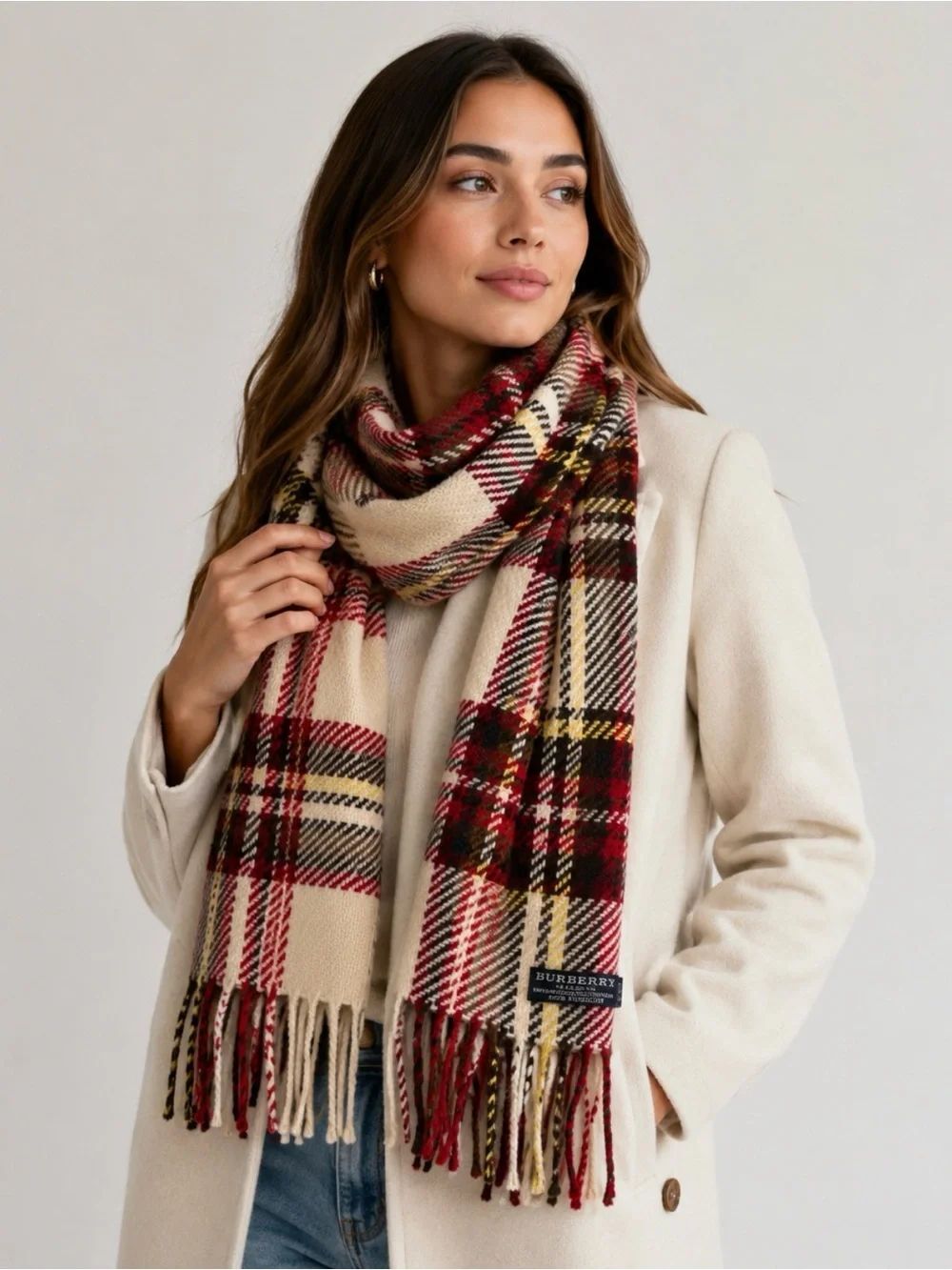 Burberry London Plaid Fringe Scarf 50% Cashmere 50% Wool Made in England